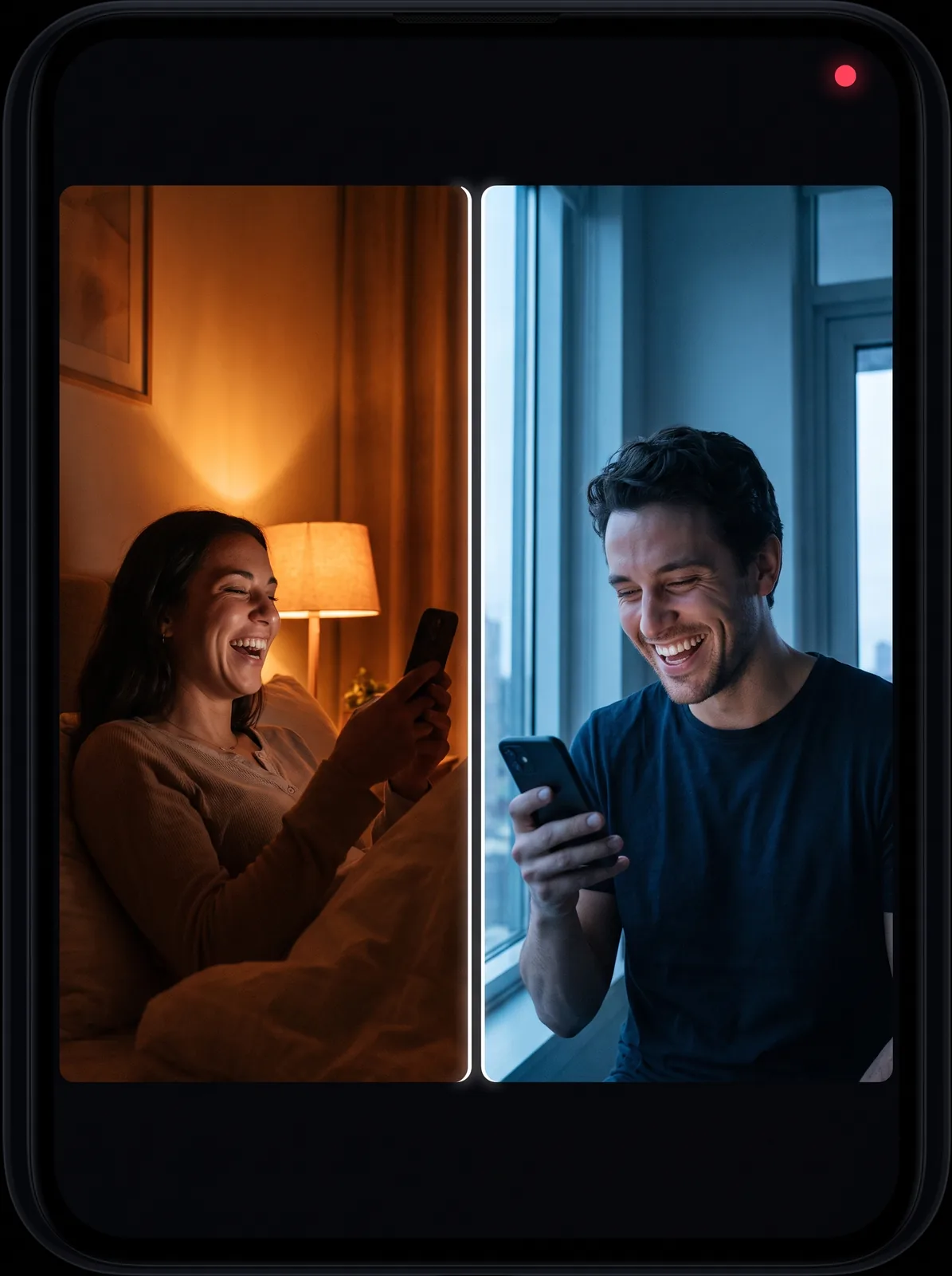 A split-screen video call between two friends