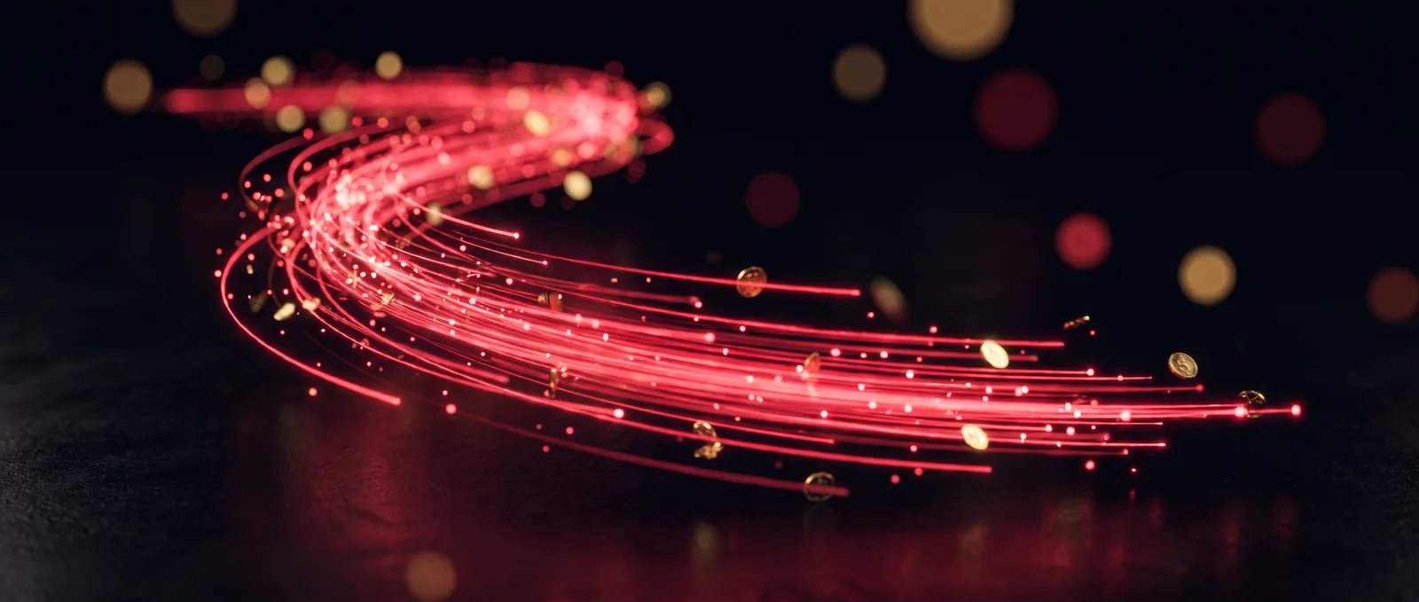 A burst of red gift light and coin sparks in the dark