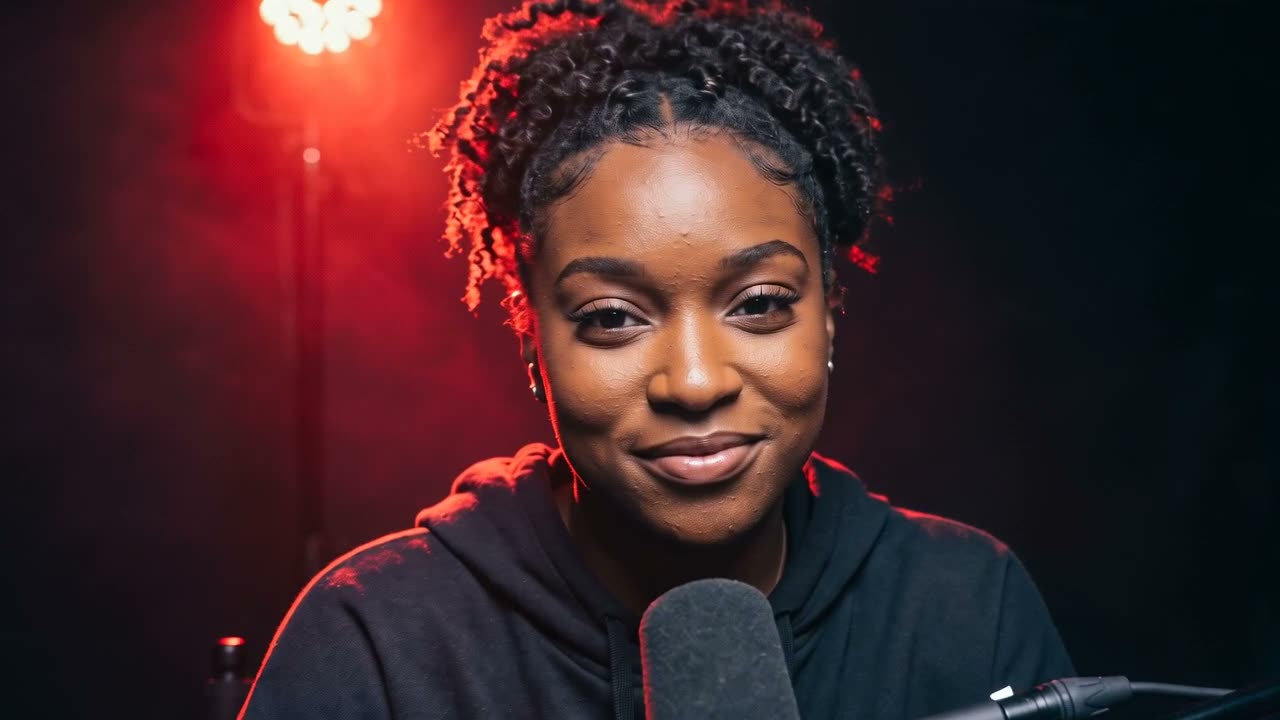 A creator broadcasting live on TRYBE, lit by a red stage light